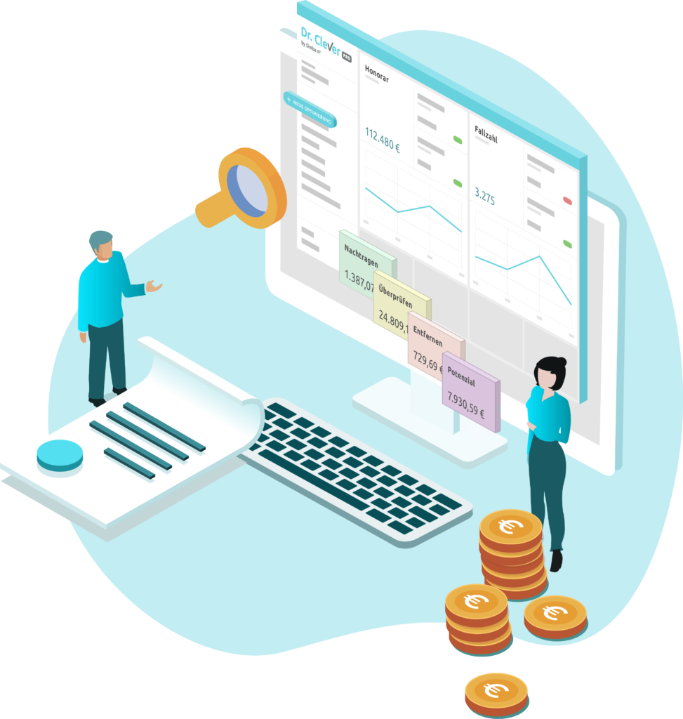 Dr. Clever PRO Illustration von Dr. Clever PRO. Ein Dashboard mit Übersicht über verschiedene Ärzte-Kennzahlen.