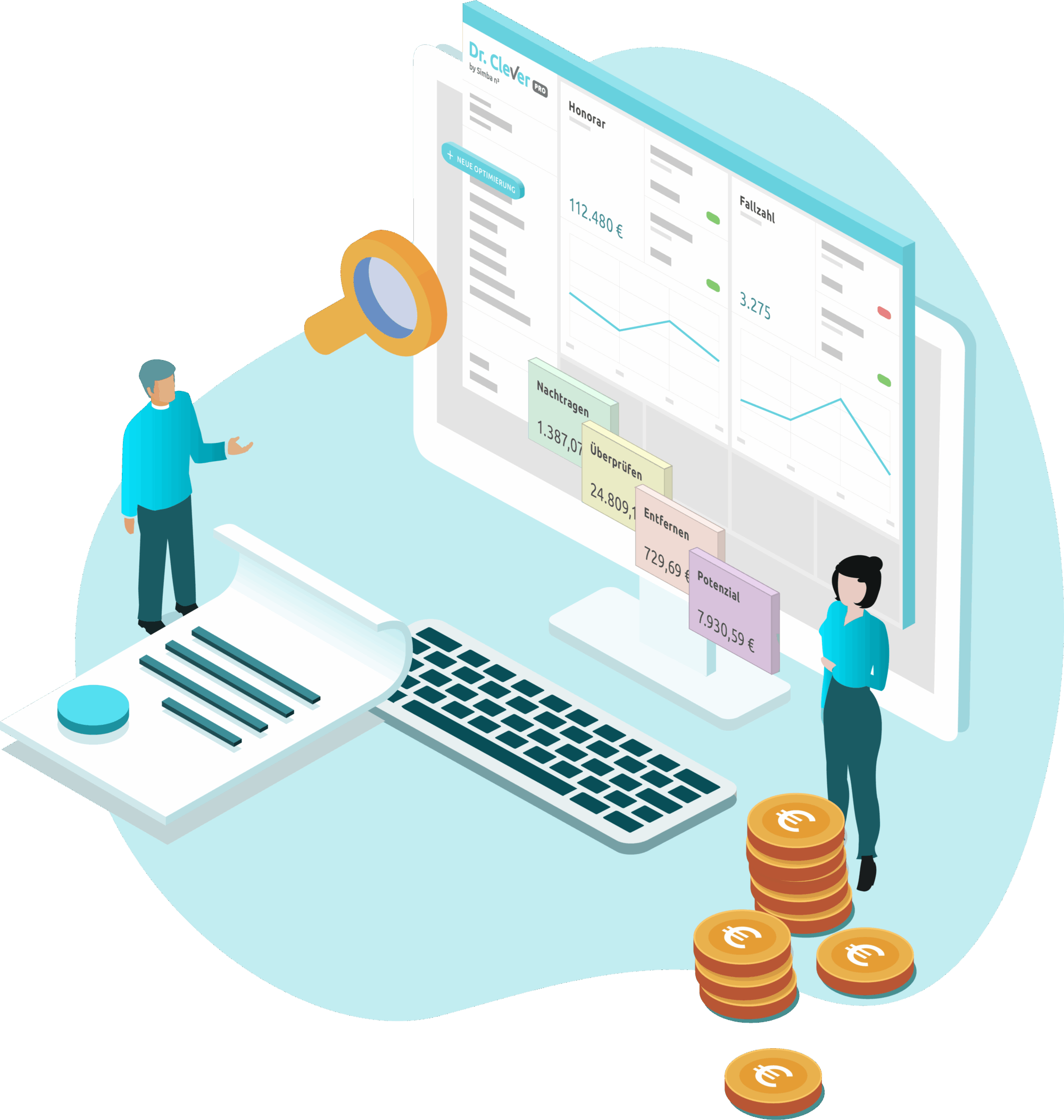 Dr. Clever PRO Illustration von Dr. Clever PRO. Ein Dashboard mit Übersicht über verschiedene Ärzte-Kennzahlen.